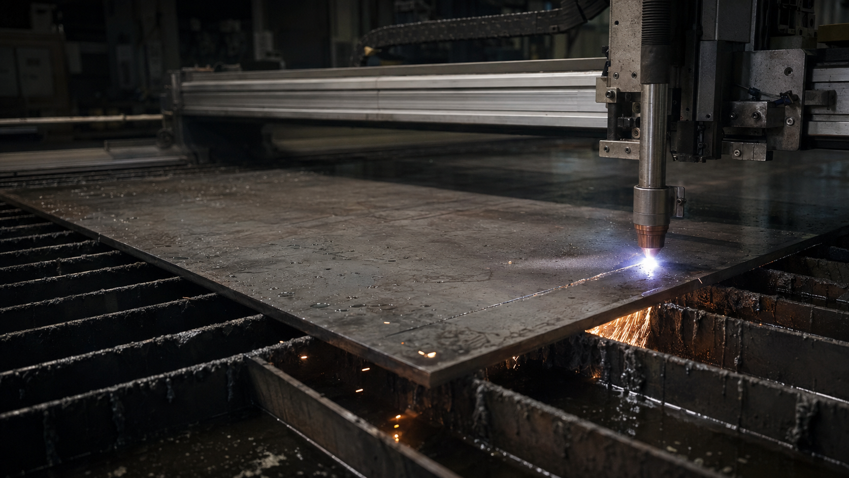 CNC plasma cutter slicing steel plate with sparks in the Peak Fabrication shop